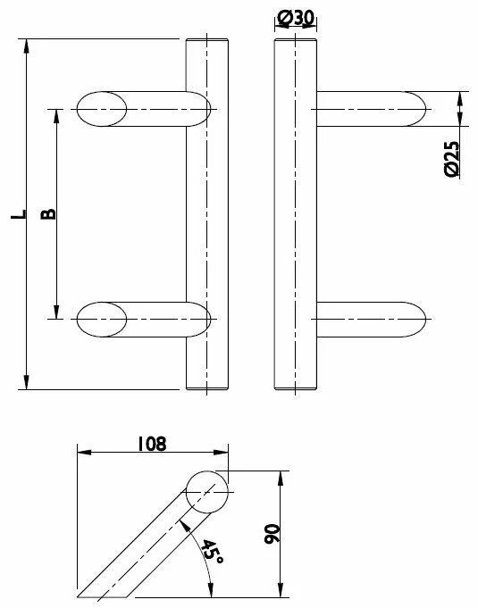 Stoßgriff Serie 8010 Ø 30 mm Länge 800 mm, Achsmaß 500 mm 2 schräge Stützen,inkl. einseit. Befestigung Oberfl. 60 (Edelstahl matt)