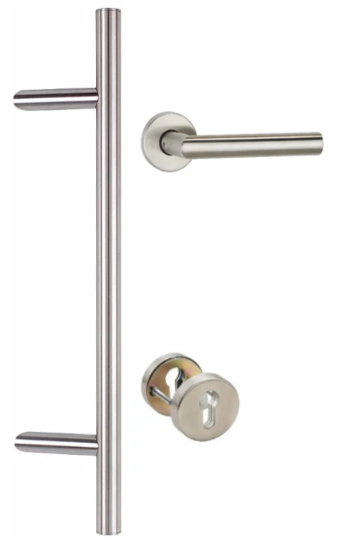 Hermat Edelstahl Haustürbeschlag 1000mm komplett / Stossgriff Klinke Rosette